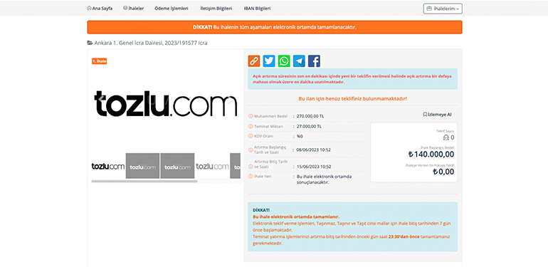 Tozlu.com Domaini İcra'dan Açık Arttırma ile Satışa Çıkartıldı